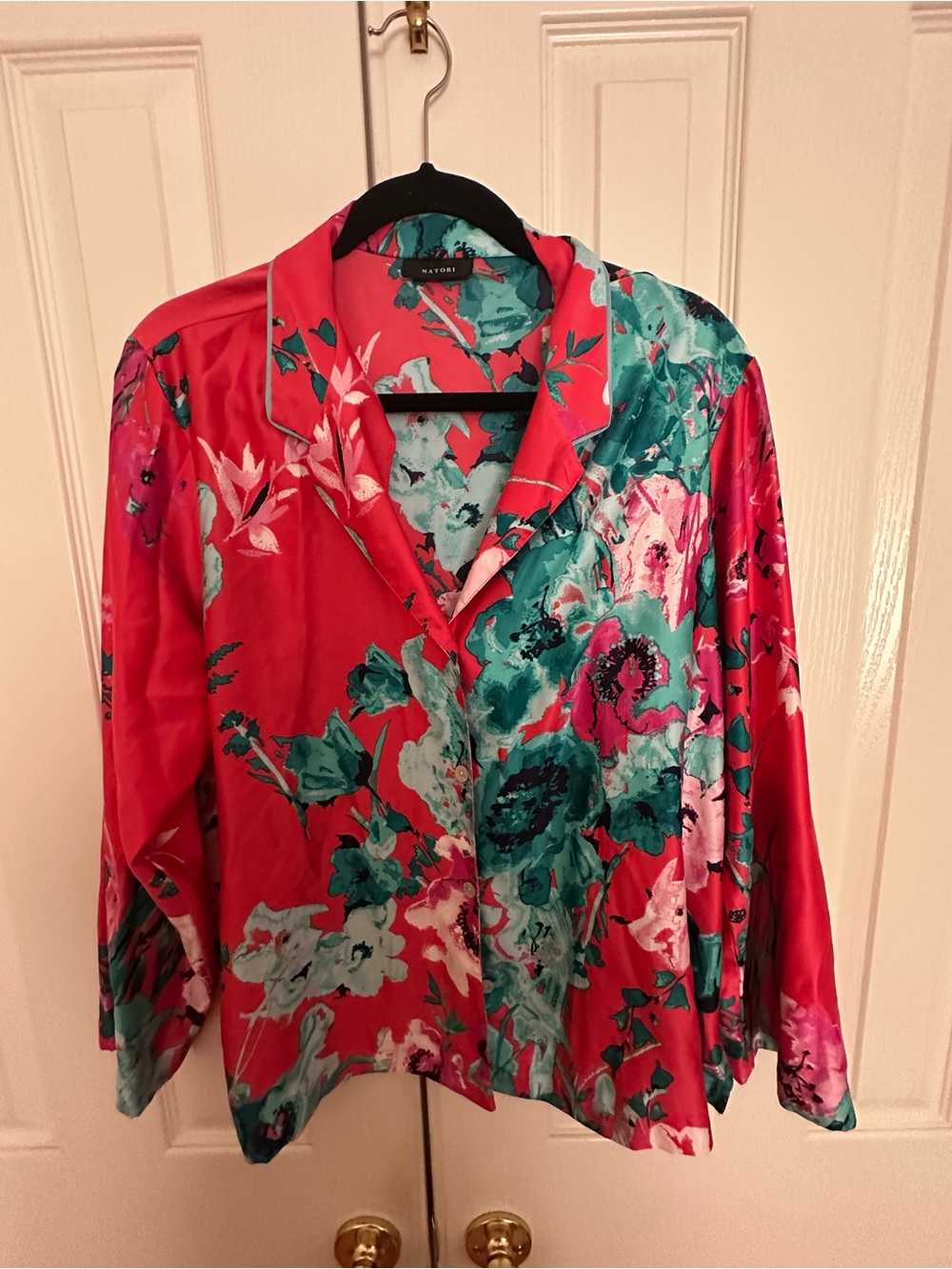 Natori Coral and Teal Floral Satin Pajama Top and Bottom